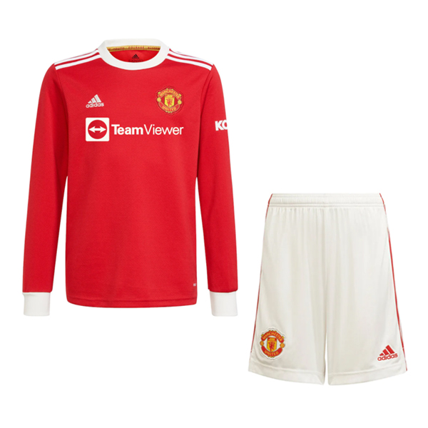 2021/22 Manchester United Kids Long Sleeve Home Soccer Youth Kits Shirt With Shorts